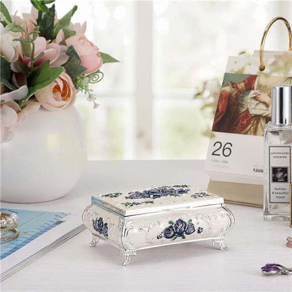 Vintage Metal Jewelry Box Small Treasure Chest Case Trinket Organizer Earrings - Picture 6 of 8